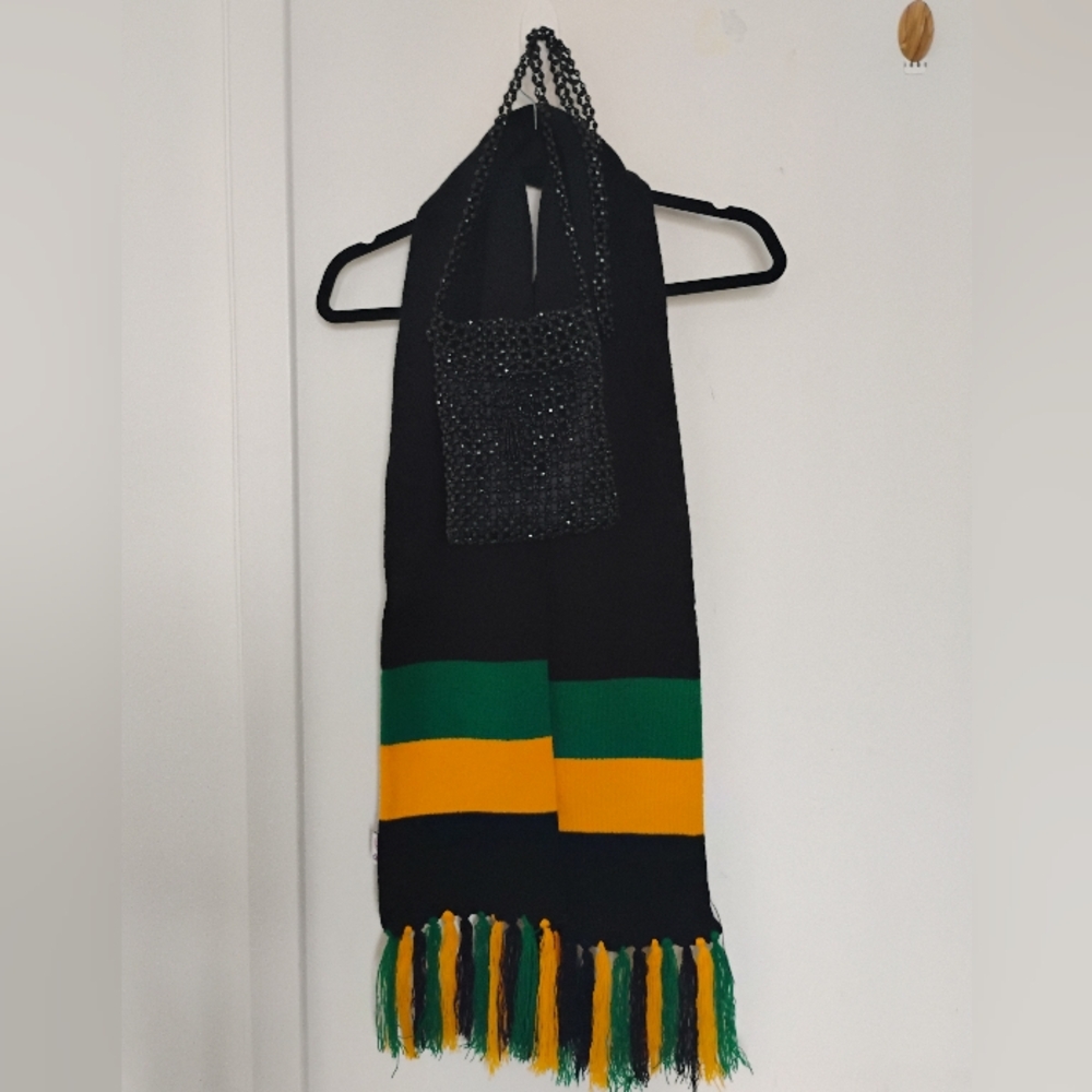 Vibrant Knit Scarf & Beaded Evening Bag Set 🛍️